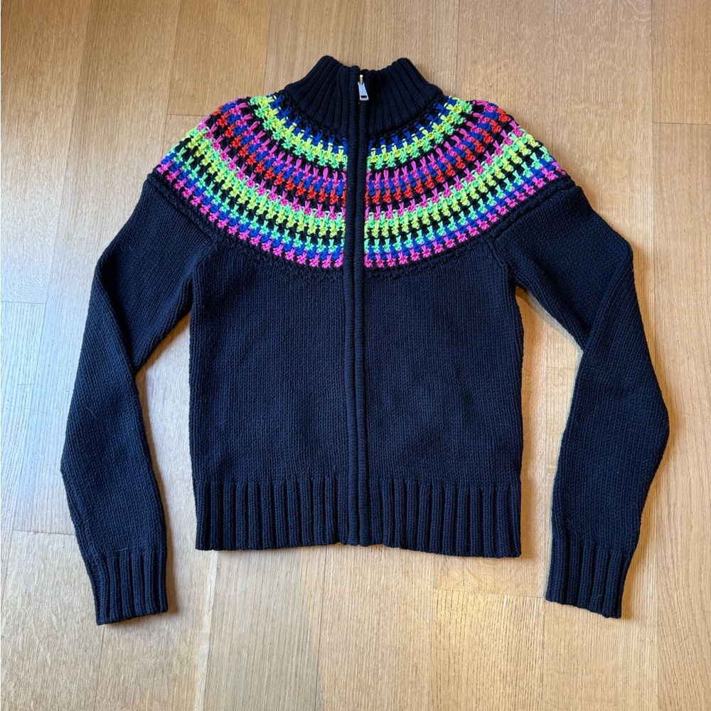 Ralph Lauren Black Zip-Up Sweater with Neon Fair Isle Yoke